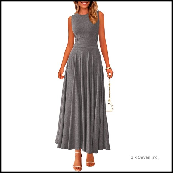 Sleeveless Crewneck A-Line Maxi Dress Stretch Tank Flowy Long Dress -  www.tita.cl